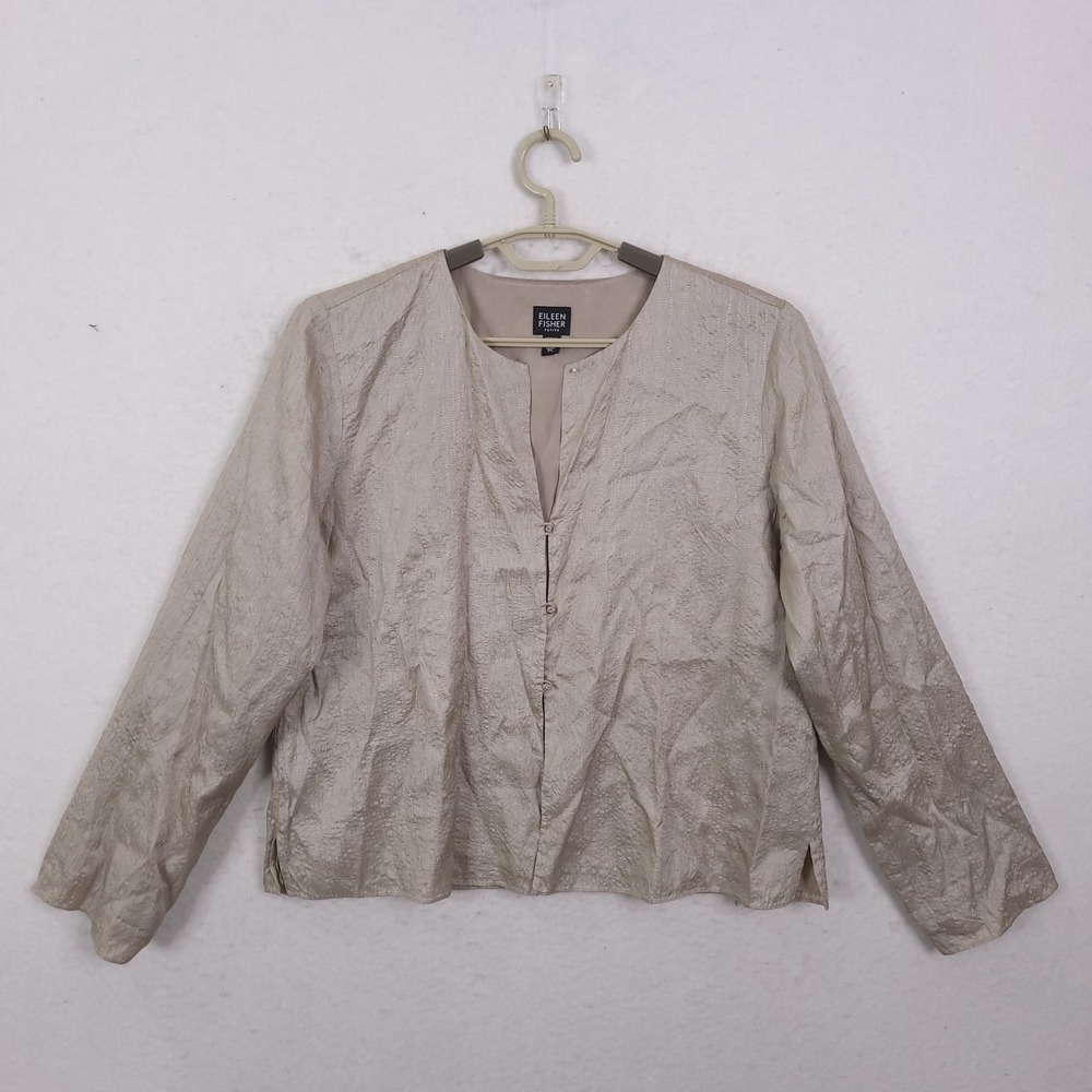 Eileen Fisher Silk Jacket Womens PL Beige Crinkle Metallic Pinstripe Blazer